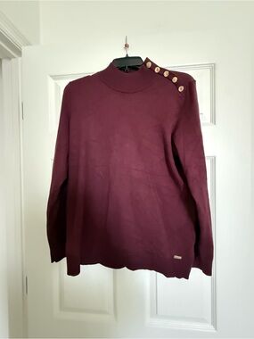 Calvin Klein Burgundy Mock Neck Sweater with Shoulder Buttons